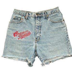 Vintage Light Blue Denim Jean Shorts with Red Script Patch